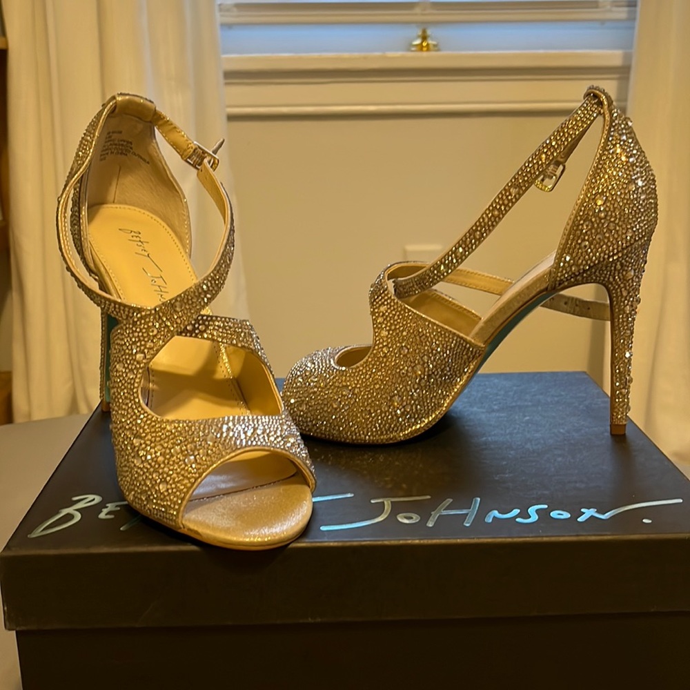 Betsey Johnson gold rhinestone high heels. Never worn before! Straight from box.